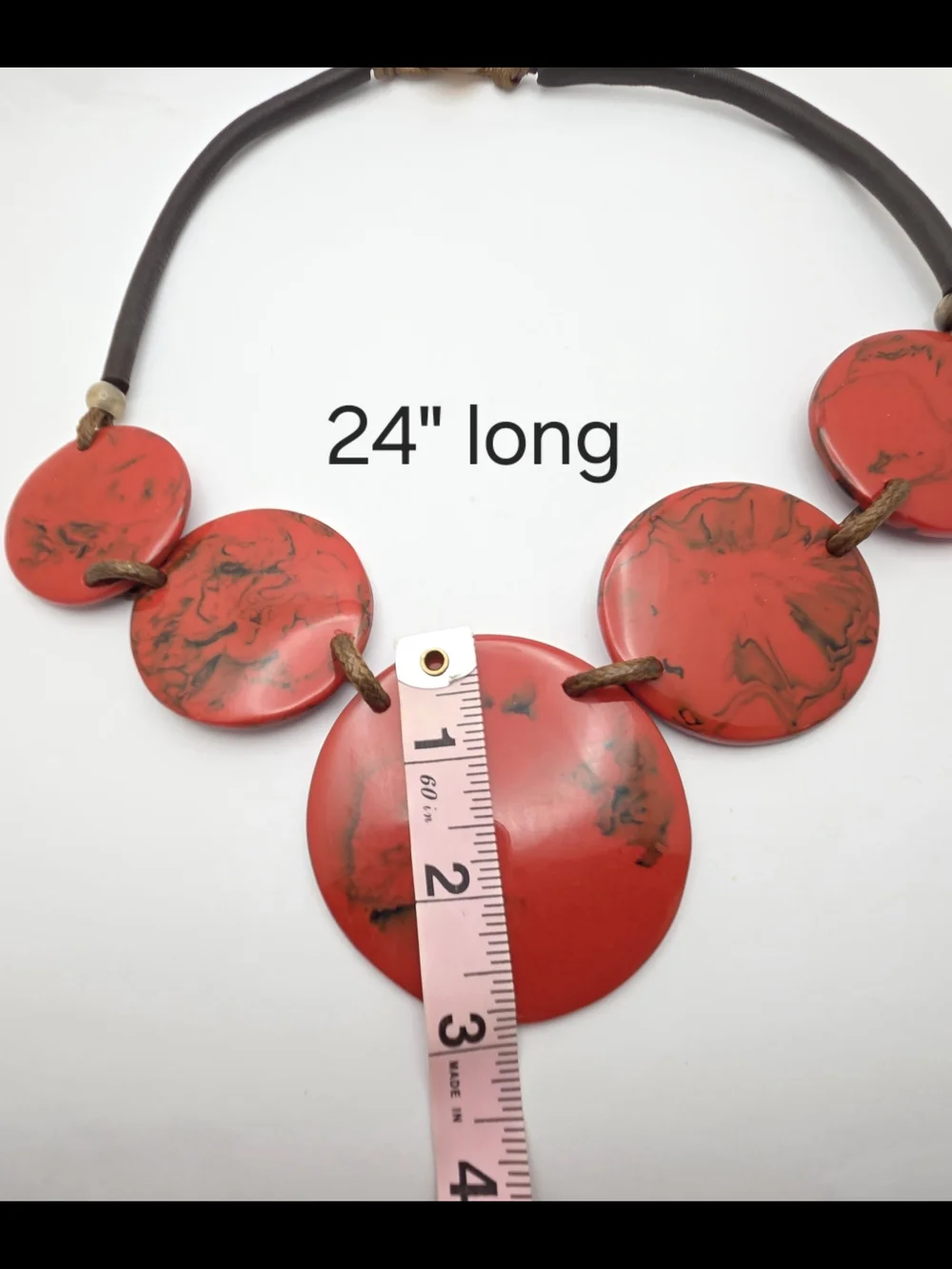 Chunky Red Swirl Resin Disc Statement Necklace Leather Cord Shell Button 24